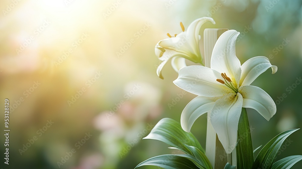 Cross with Easter lilies in soft light, no people, peaceful atmosphere, ample space for text Cross with Easter lilies in soft light, no people, peaceful atmosphere, ample space for text