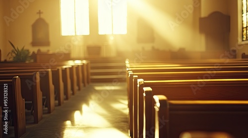 Empty church pews with sunlight streaming through, no people, peaceful atmosphere, ample space for text photo