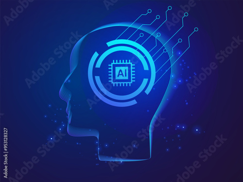 Artificial intelligence with letter AI in Abstract robot head Technology Analysis vector design concept. AI technology for advance technology, robotic, web, new technology, ui, business, automation.