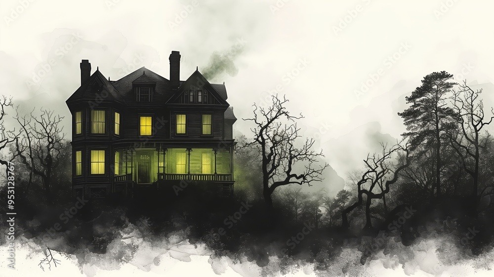 Mysterious Haunted House at Night with Fog Mysterious Haunted House at Night with Fog