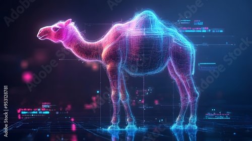 Digital camel depicted in an adaptable holographic abstract interface style, featuring dynamic, glowing lines and a futuristic background