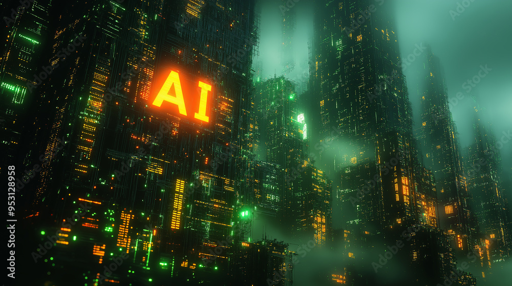 Fototapeta premium AI Illuminated Pathways in a Cyber Metropolis