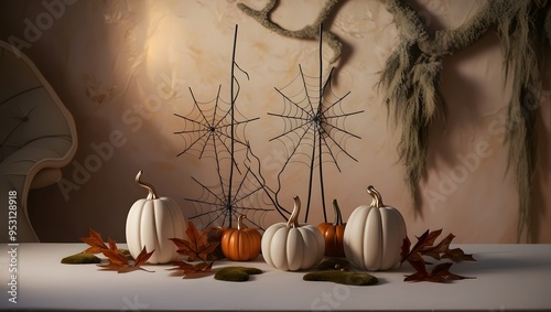 Minimalist halloween decoration with spider webs and moss with white and gold pumpkins and fall leaves photo