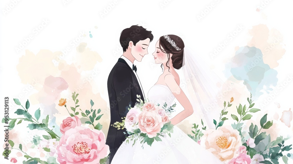 Cartoon and watercolor illustration of a bride and groom. The bride is wearing a white dress with a crown on her dark hair, surrounded by peonies and roses. Cartoon and watercolor illustration of a bride and groom. The bride is wearing a white dress with a crown on her dark hair, surrounded by peonies and roses.