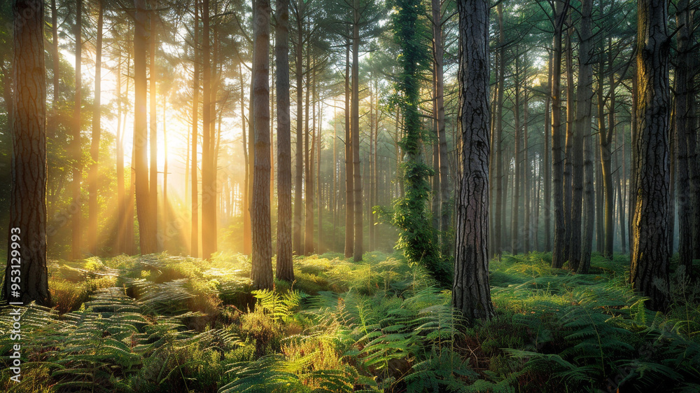Obraz premium a sun-dappled forest scene with tall trees and a forest floor covered in ferns