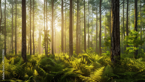 Fototapeta Naklejka Na Ścianę i Meble -  a sun-dappled forest scene with tall trees and a forest floor covered in ferns