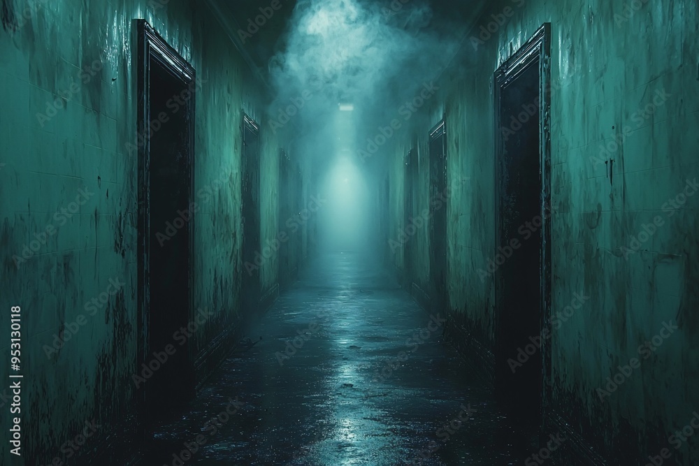 Obraz premium A chilling Halloween scene featuring a dark, eerie corridor with a haunting silhouette. Perfect for horror-themed events, graphics, or spooky decorations with copy space.