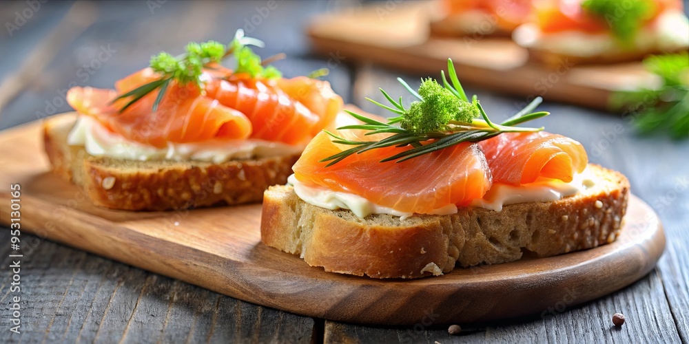 Close up of elegant smoked salmon appetizer on toast Close up of elegant smoked salmon appetizer on toast