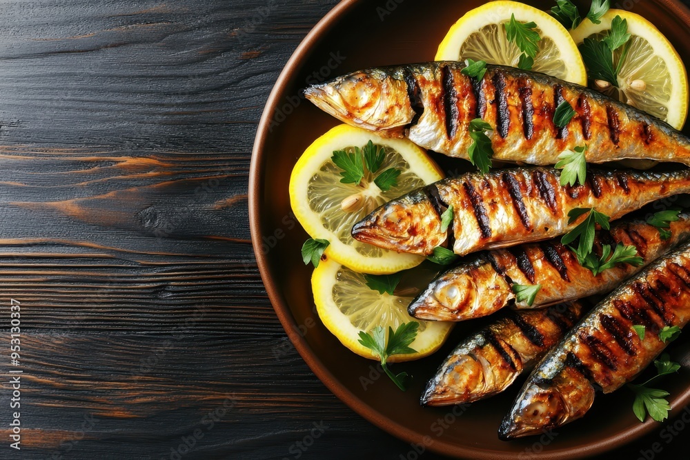 Freshly grilled mackerel served with lemon slices and garnished with herbs on a dark rustic plate, perfect for a healthy meal. Freshly grilled mackerel served with lemon slices and garnished with herbs on a dark rustic plate, perfect for a healthy meal.