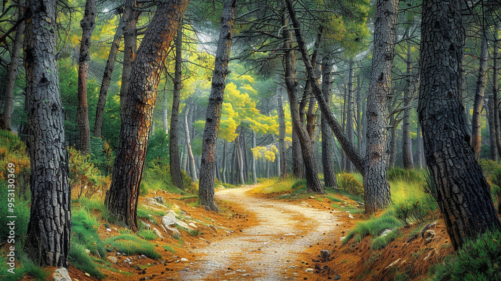 Obraz premium a tranquil forest path winding through a grove of tall, majestic pines