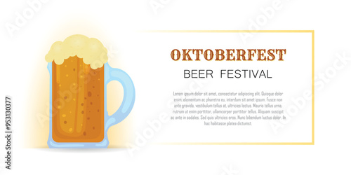 Oktoberfest festival, yellow abstract background with glass of beer, retro pattern, mug of lite alcohol pint, craft beverage, cover banner for drink event, party celebration, copy space for text