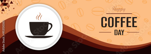 Coffee day banner, brown background, beverage cup template for shops, cappuccino, Americano, espresso, mocha, latte