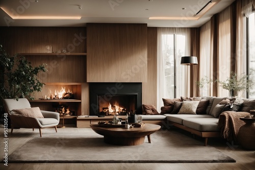 Stylish living room interior with beautiful fireplace