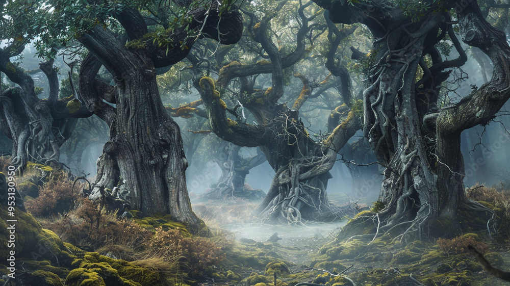 an ancient forest with gnarled trees and a mist-covered ground an ancient forest with gnarled trees and a mist-covered ground