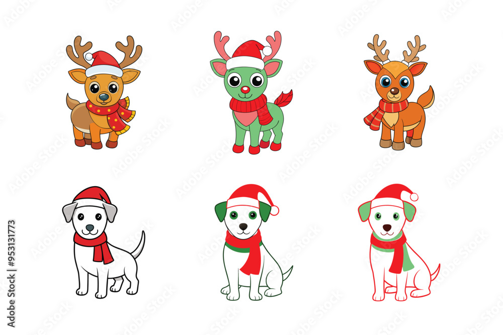 Fototapeta premium Christmas vector illustration set - santa claus dog,santa claus Reindeer 