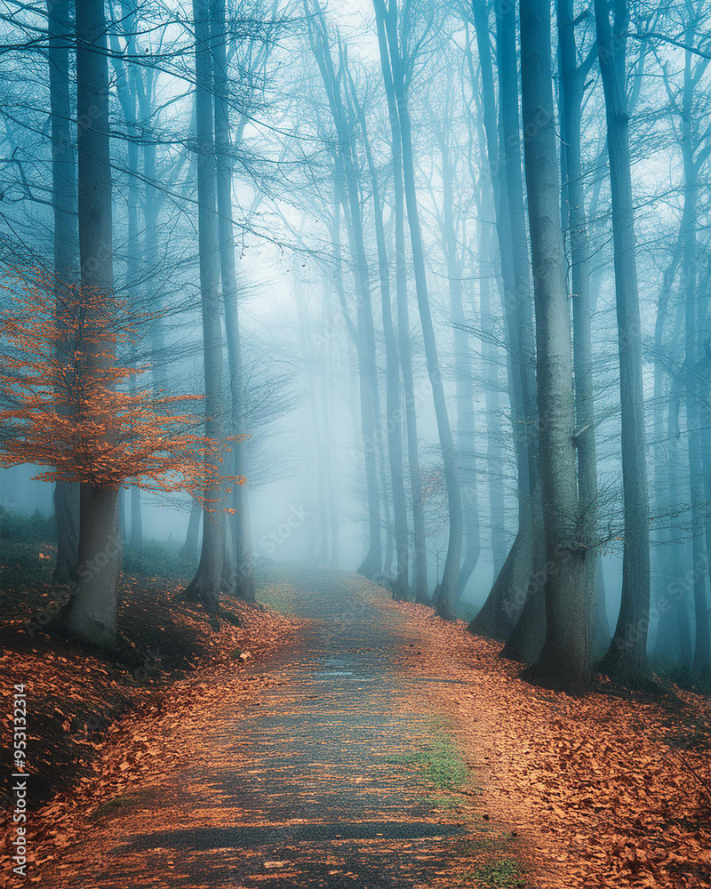 Obraz premium Autumn Pathway Through Misty Forest