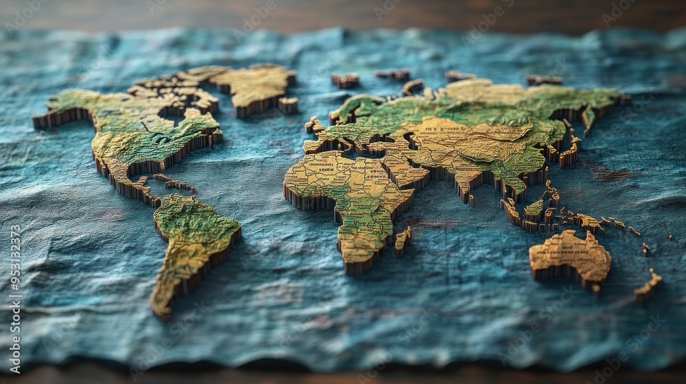 Wooden World Map on Blue Fabric Wooden World Map on Blue Fabric