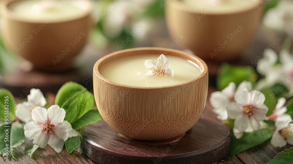 Tranquil Moment with Traditional Japanese Amazake in Rustic Wooden Cup Tranquil Moment with Traditional Japanese Amazake in Rustic Wooden Cup