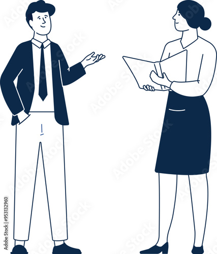 Colleagues discuss work document. Teammates talking together