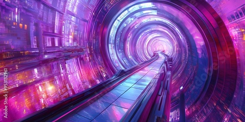 Quantum Tunneling Waterslide Through Neon Soaked Hypermodern Metropolis with Towering Skyscrapers photo