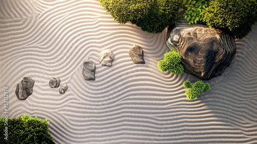 Top view of Zen garden with the stones and white sand pattern minimal scene in the Japanese garden