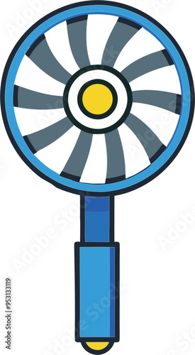Stylized Handheld Electric Fan Vector Icon Modern Yellow and Blue Portable Air Circulator Illustration with Lightning Bolt Symbol for Personal Cooling and Energy-Efficient Design Concepts