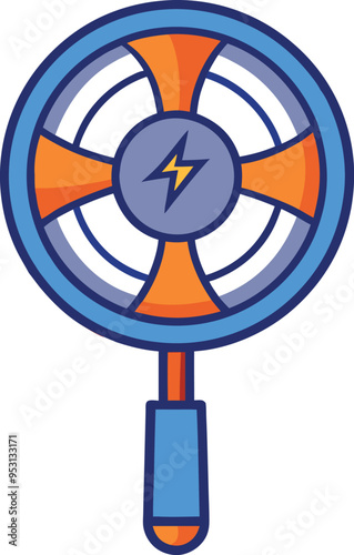 Stylized Handheld Electric Fan Vector Icon Modern Yellow and Blue Portable Air Circulator Illustration with Lightning Bolt Symbol for Personal Cooling and Energy-Efficient Design Concepts
