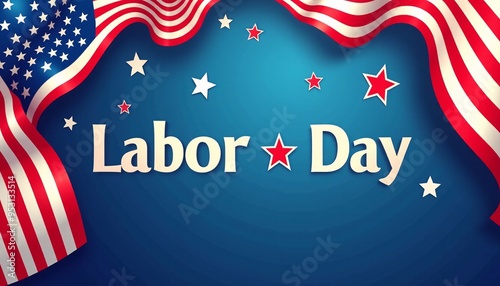 Patriotic Labor Day banner design featuring American flags and celebratory stars for promotional use.