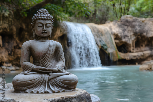 Burmese Buddha statue with a tranquil waterfall background