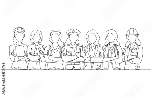 Continuous one line drawing of women from various professions standing in row with crossing arms on chests, woman empowerment, international women's day concept, single line art.