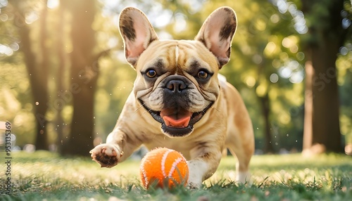 Closeup of beautiful cute French bulldog or Frenchie dog breed, happy joyful pet playing with a ball in summer or spring sunny park outdoors or outside. Animal activity in nature