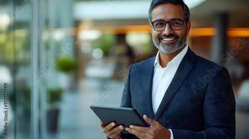 Confident Businessman Holding Tablet in Modern Office Building