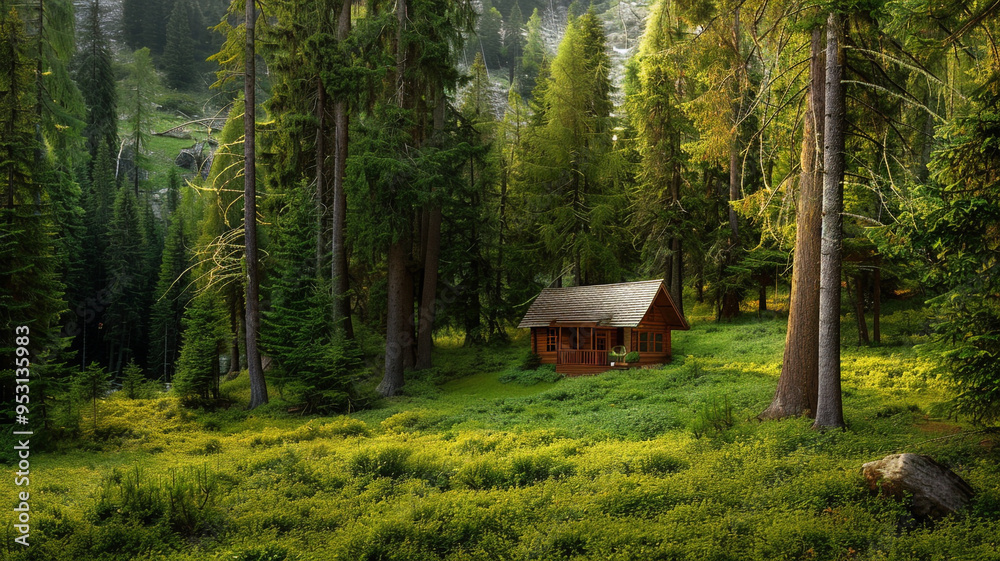 a serene forest with a small wooden cabin nestled among the trees a serene forest with a small wooden cabin nestled among the trees