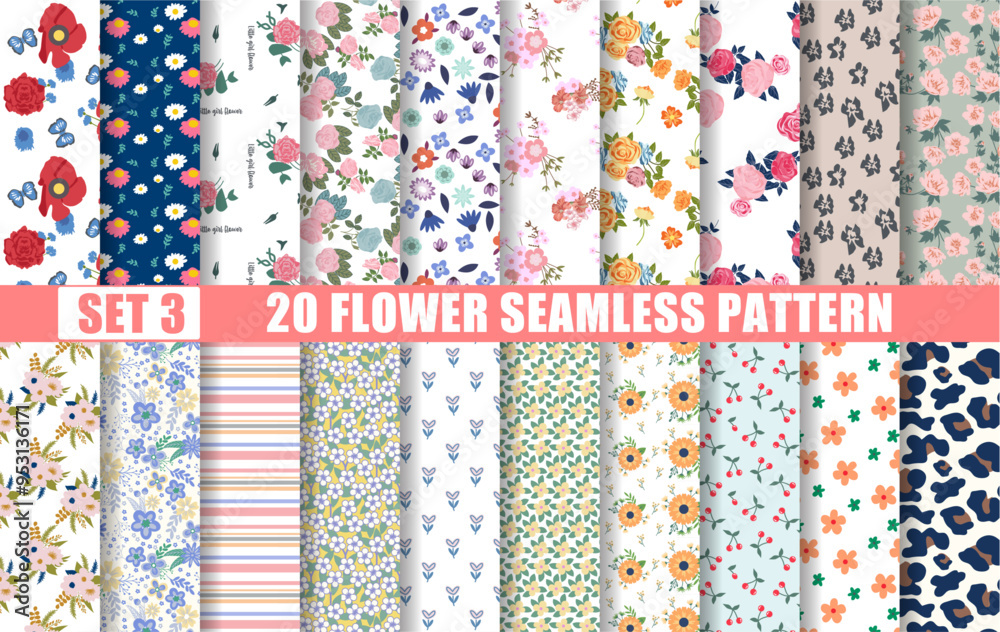 set of seamless patterns with flowers. Seamless vector pattern for design and fashion prints. set of seamless patterns with flowers. Seamless vector pattern for design and fashion prints.