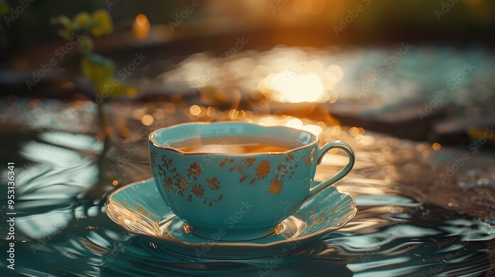 Fototapeta premium Cup brimming with lively waves placed on a stable surface without spilling.