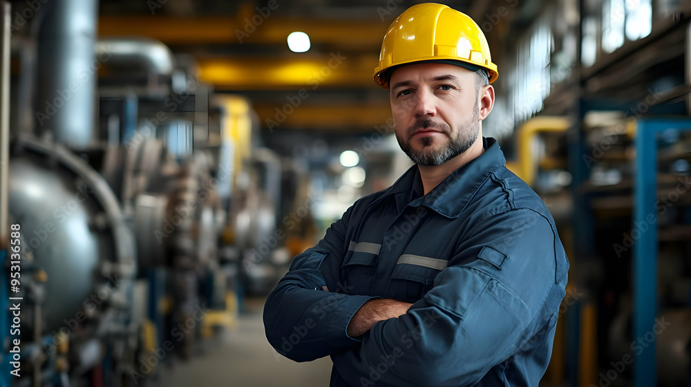 Factory Worker in Blue Uniform and Yellow Hardhat Standing with Arms Crossed in Industrial Setting Factory Worker in Blue Uniform and Yellow Hardhat Standing with Arms Crossed in Industrial Setting