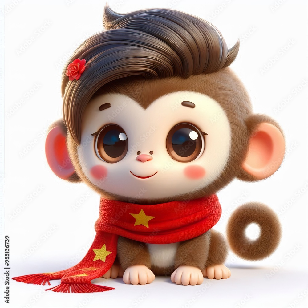Naklejka premium cute 3d fluffy monkey character with red vietnamese style scarf, white background