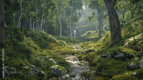 an image of a forest with a small clearing and a gentle stream flowing through it
