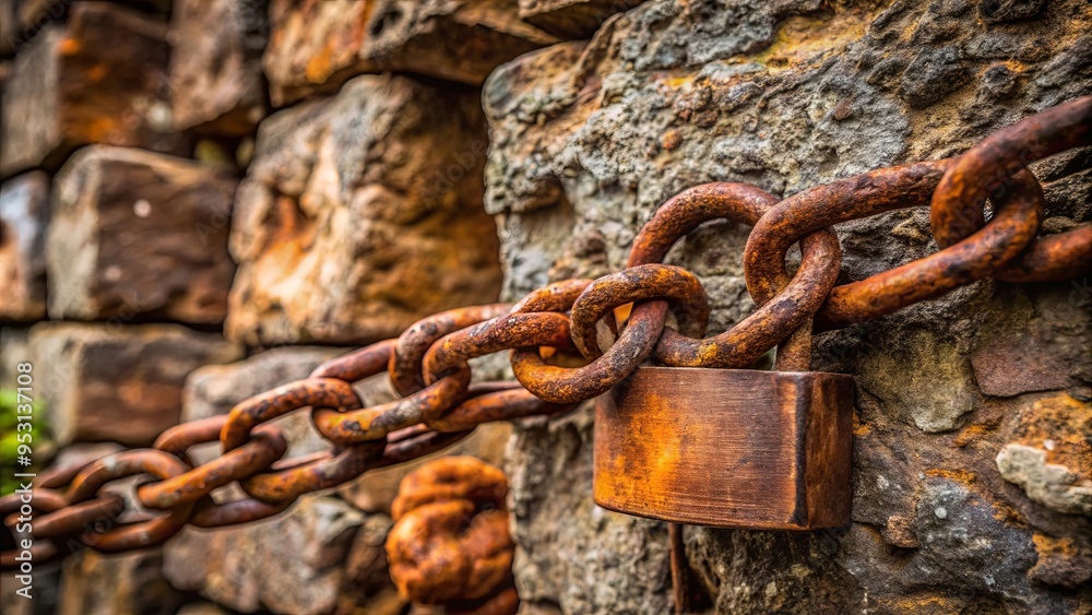 Rusty iron chain wrapped around stone wall padlock, symbolizing abandonment and forgotten memories