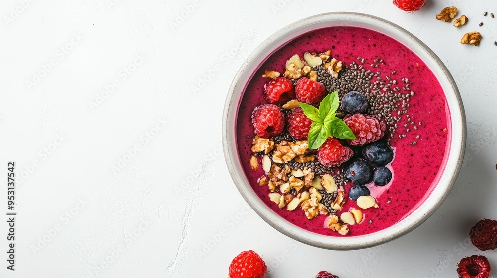 A bowl of berry smoothie topped with nuts and seeds, placed on a white background with space for text. A bowl of berry smoothie topped with nuts and seeds, placed on a white background with space for text.