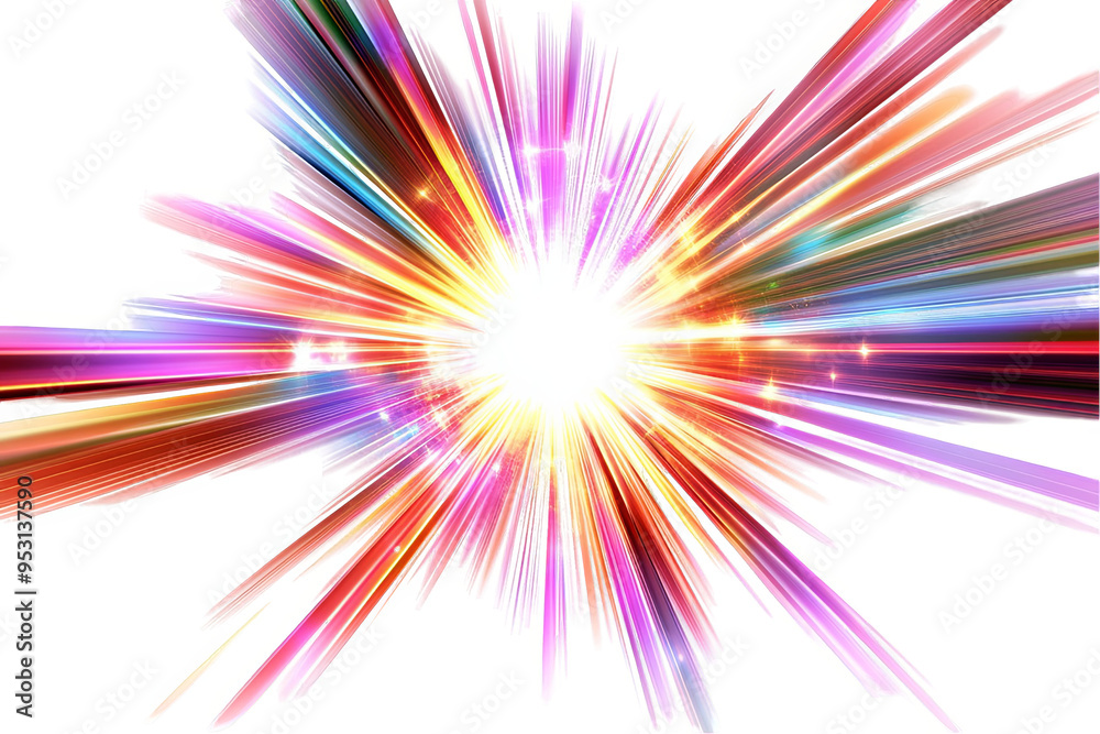 Fototapeta premium A vibrant, colorful burst of light, radiating outwards with a white center, creating a dynamic and energetic abstract background.