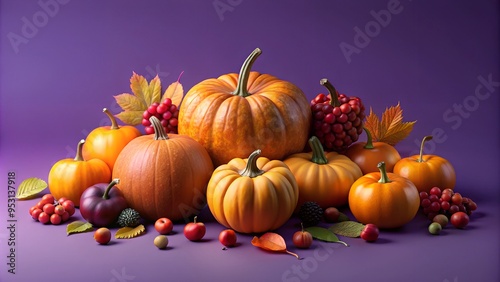 Pumpkins and autumn fruits on purple background