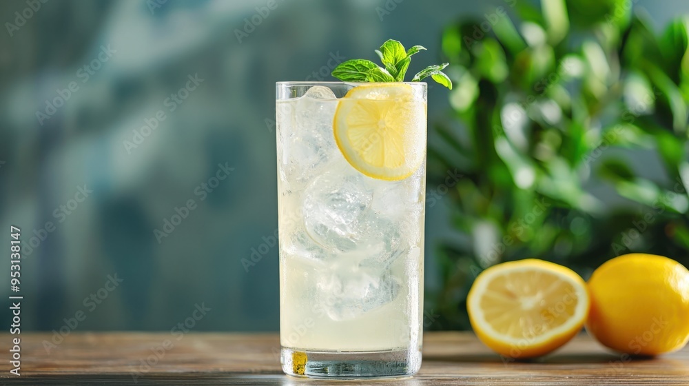 Refreshing Classic Tom Collins Cocktail Garnished with Lemon Slice in Tall Glass Refreshing Classic Tom Collins Cocktail Garnished with Lemon Slice in Tall Glass