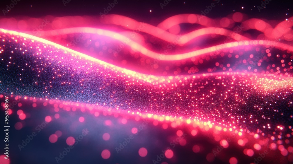 Bright glowing ultraviolet neon rays twist in a 3D abstract cosmic background of cyber network lines and strings of light in space and time. Bright glowing ultraviolet neon rays twist in a 3D abstract cosmic background of cyber network lines and strings of light in space and time.