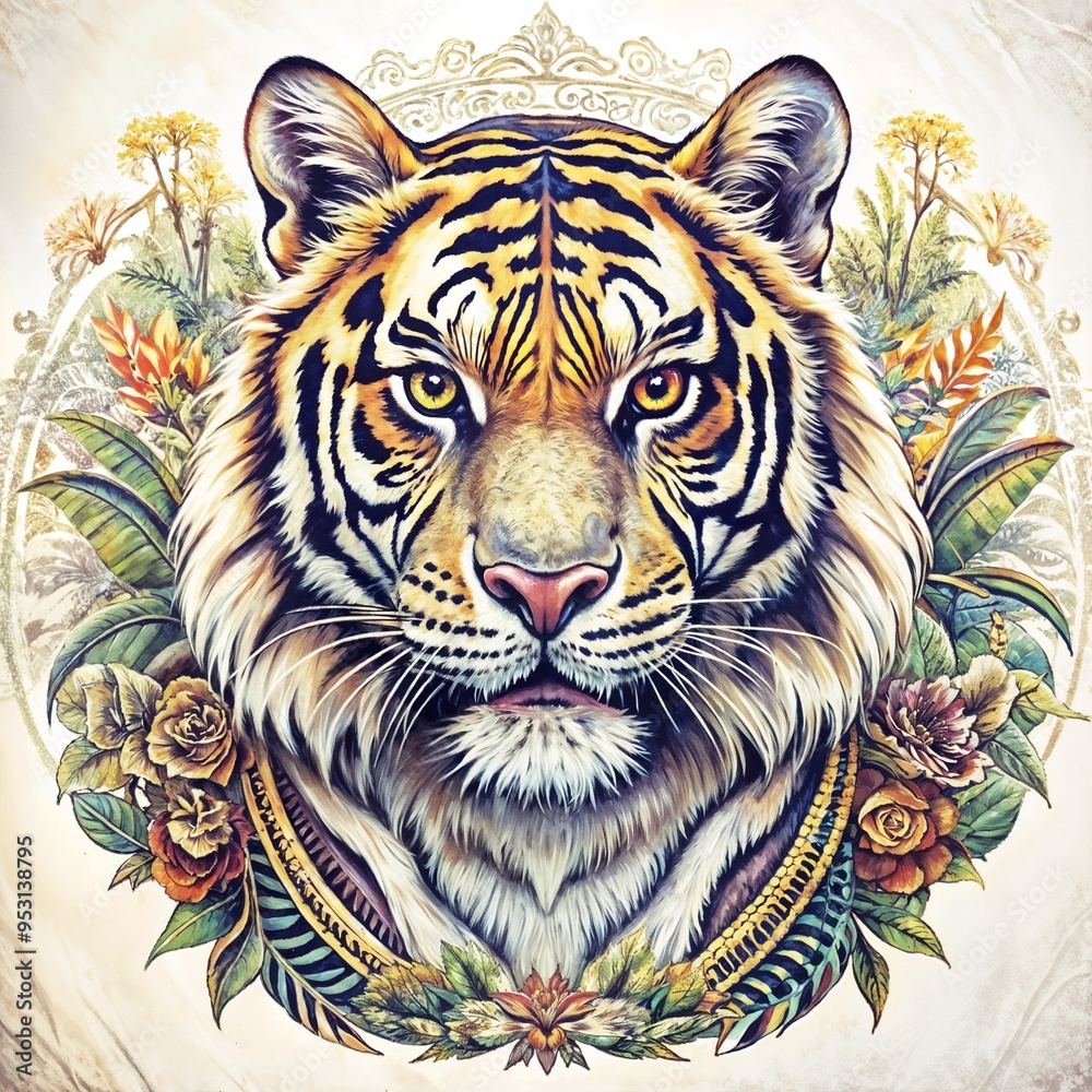 Fototapeta premium Tiger Head with Floral Ornament, Artistic Design, T-Shirt Print