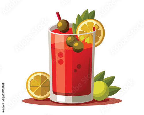 Bloody mary cocktail with lemon  green olives and tomato sauce vector illustration