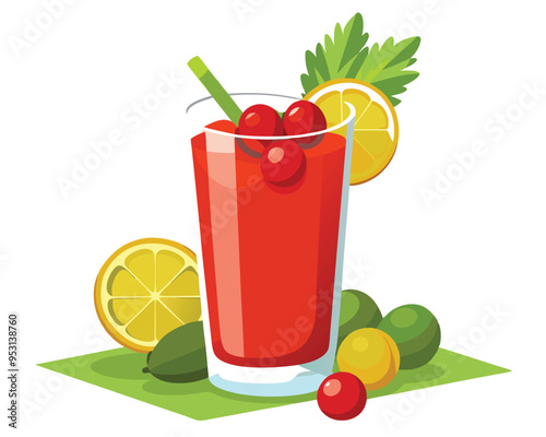 Bloody mary cocktail with lemon  green olives and tomato sauce vector illustration