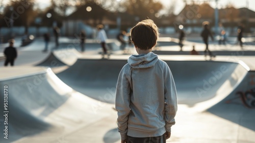 Fototapeta Naklejka Na Ścianę i Meble -  A boy in a grey hoodie stands in front of a skate park. Freedom, agility, culture, adrenaline, youth, expression, movement, challenge, street concept.