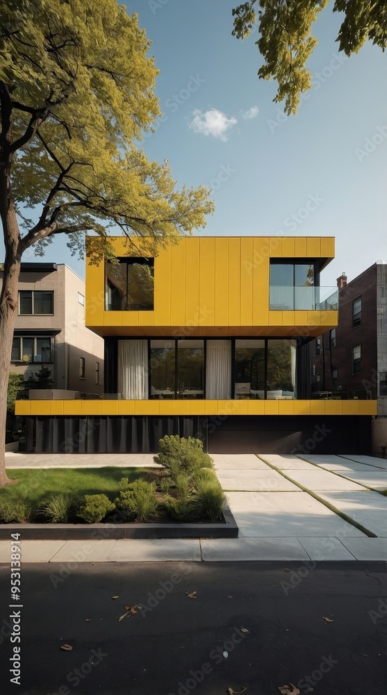Naklejka premium A modern yellow house with large windows and a landscaped front yard.