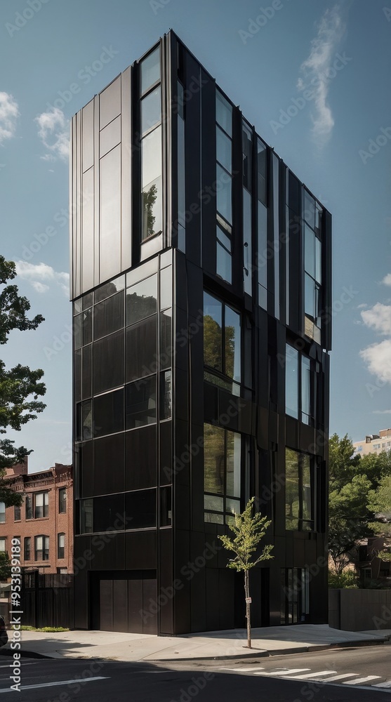 Fototapeta premium A modern, sleek black building with large windows in an urban setting.